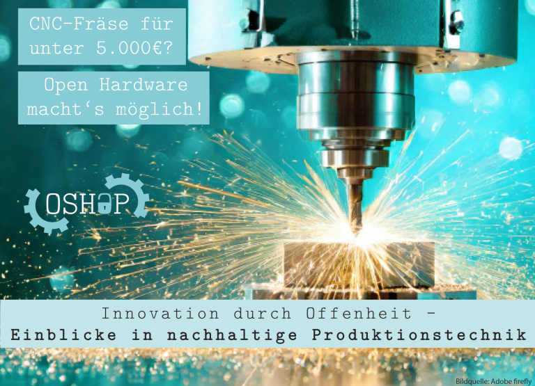 Foto von einer CNC Fräse, darunter steht "CNC Fräse für 5000 Euro? Open Hardware machts möglich. Innovation durch offenheit - Einblicke in die nachhaltige Produktionstechnik"