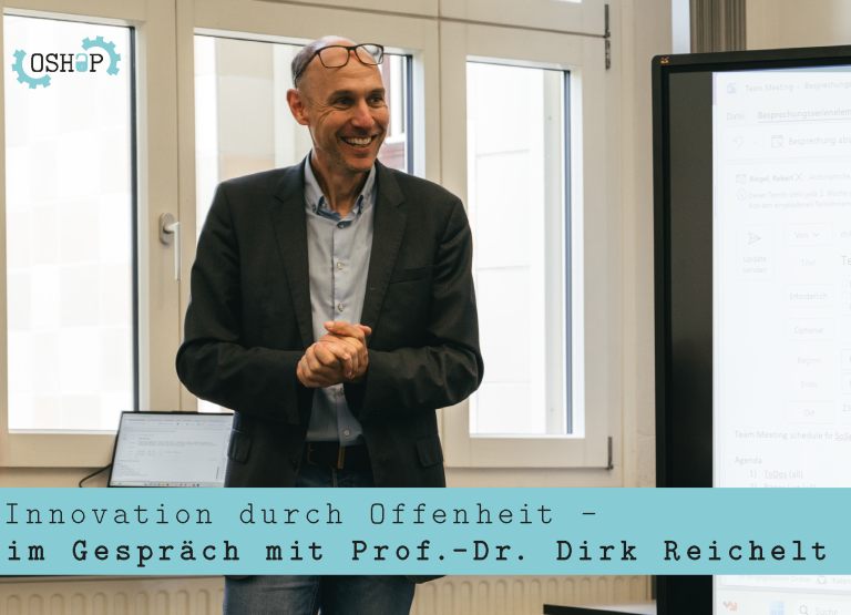 Foto von Prof. Dr. Dirk Reichelt. Darunter steht "Innovation durch Offenheit - im Gespräch mit Prof. Dr. Dirk Reichelt"